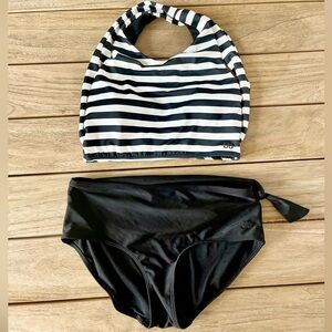 Albion Black and White Stripe & Hip Tie Bikini Swim Set
